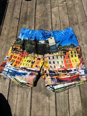 Blue Multicolor Coastal Print Swim Trunks